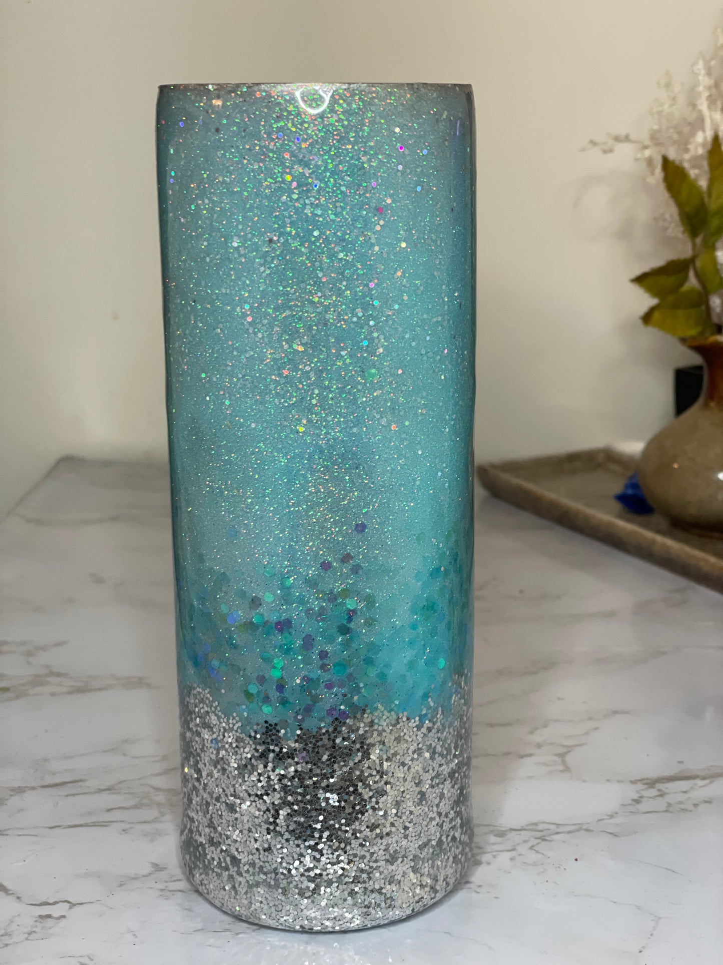 Tiffany Blue Top w/Silver Glittered Bottom Personalized Tumbler
