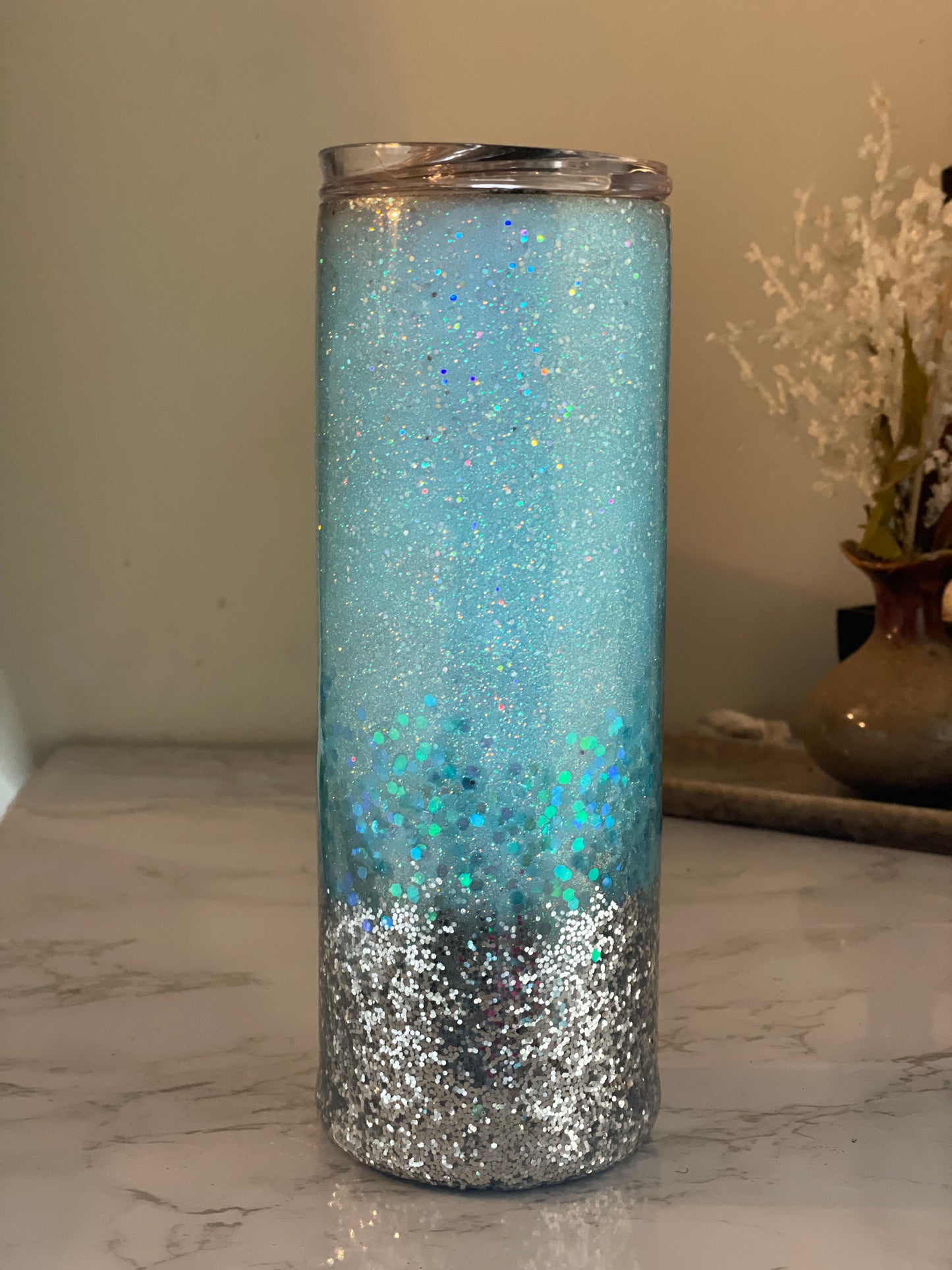 Tiffany Blue Top w/Silver Glittered Bottom Personalized Tumbler