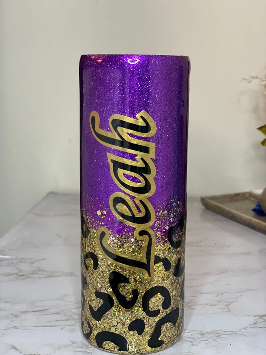 Glittered Top w/Leopard Print Bottom Personalized Tumbler