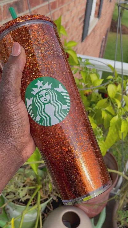 Fall/Autumn Snow Globe Glitter Venti Starbucks Tumbler w/Glitter Lid
