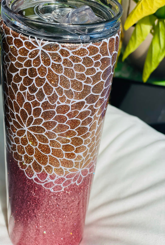 Rose Gold & Gold Ombré w/ White Flower Lace Pattern Tumbler