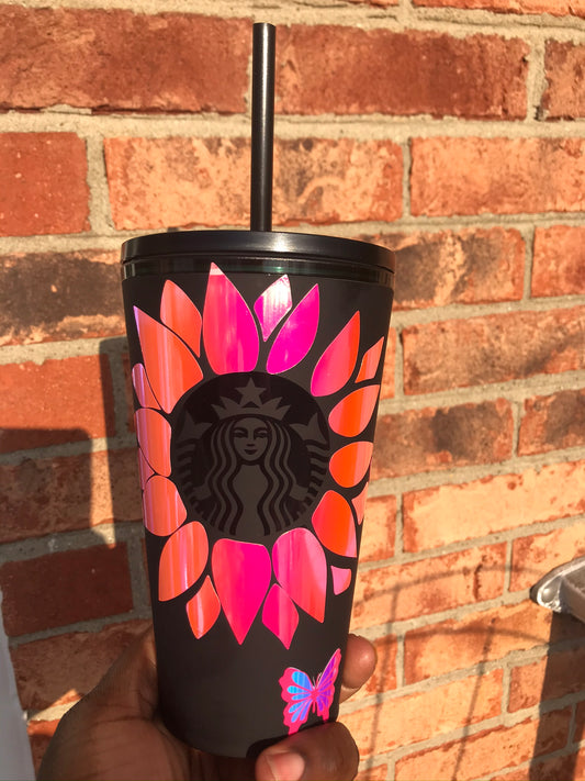 Sunrise Flower Starbucks Matte Black Cold Cup
