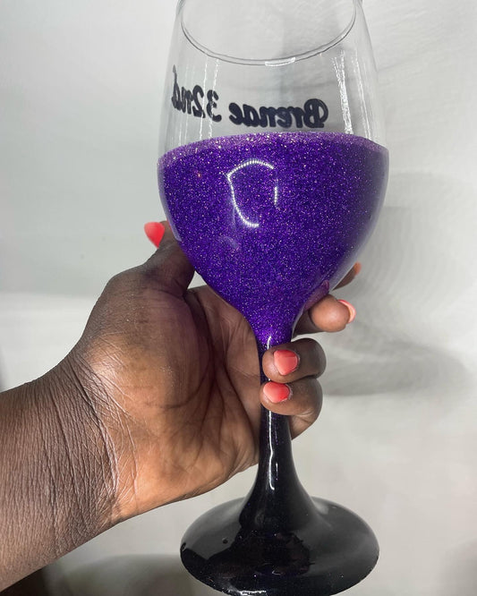 Personalized Purple & Black Glitter Wine Glass